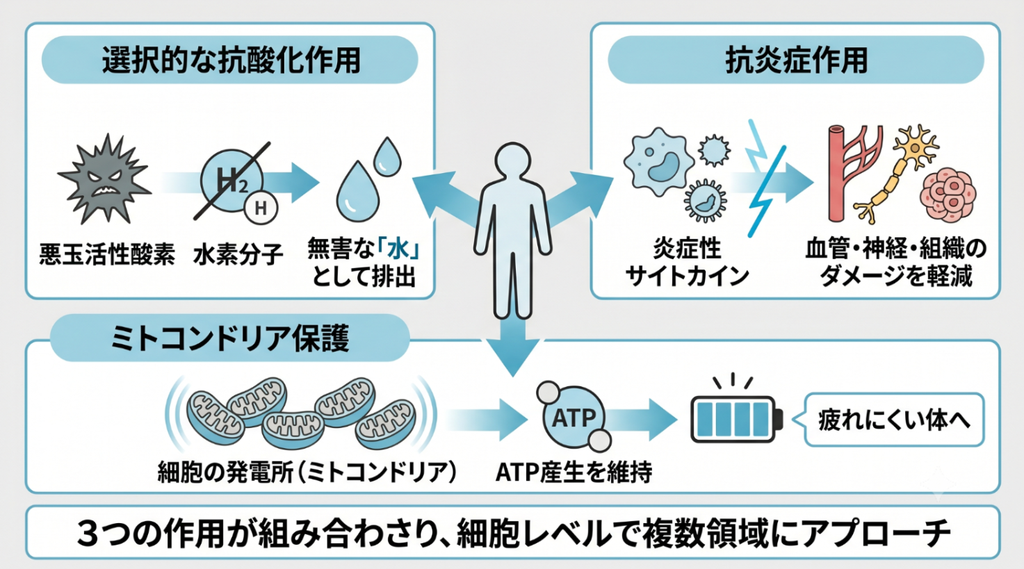 水素ガス吸入療法が体に働きかける3つの作用(選択的な抗酸化作用・抗炎症作用・ミトコンドリア保護)の図解