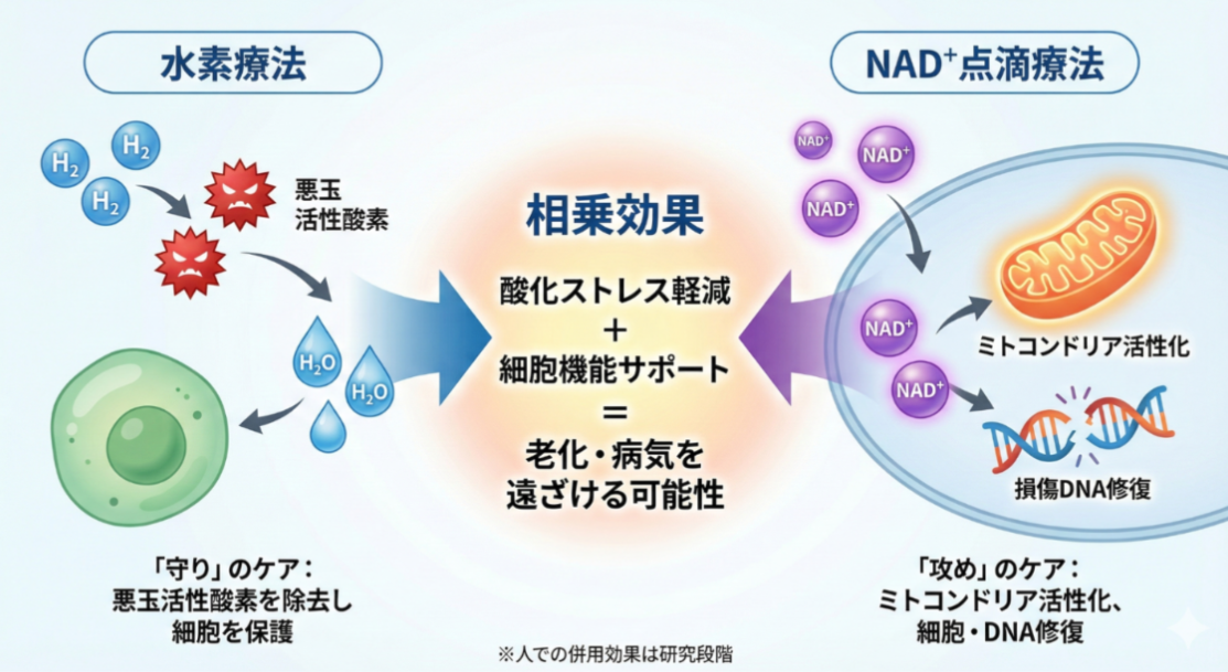 水素ガス吸入療法とNAD⁺点滴の併用のイメージ図
